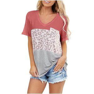 Womens Short Sleeve V Neck Leopard